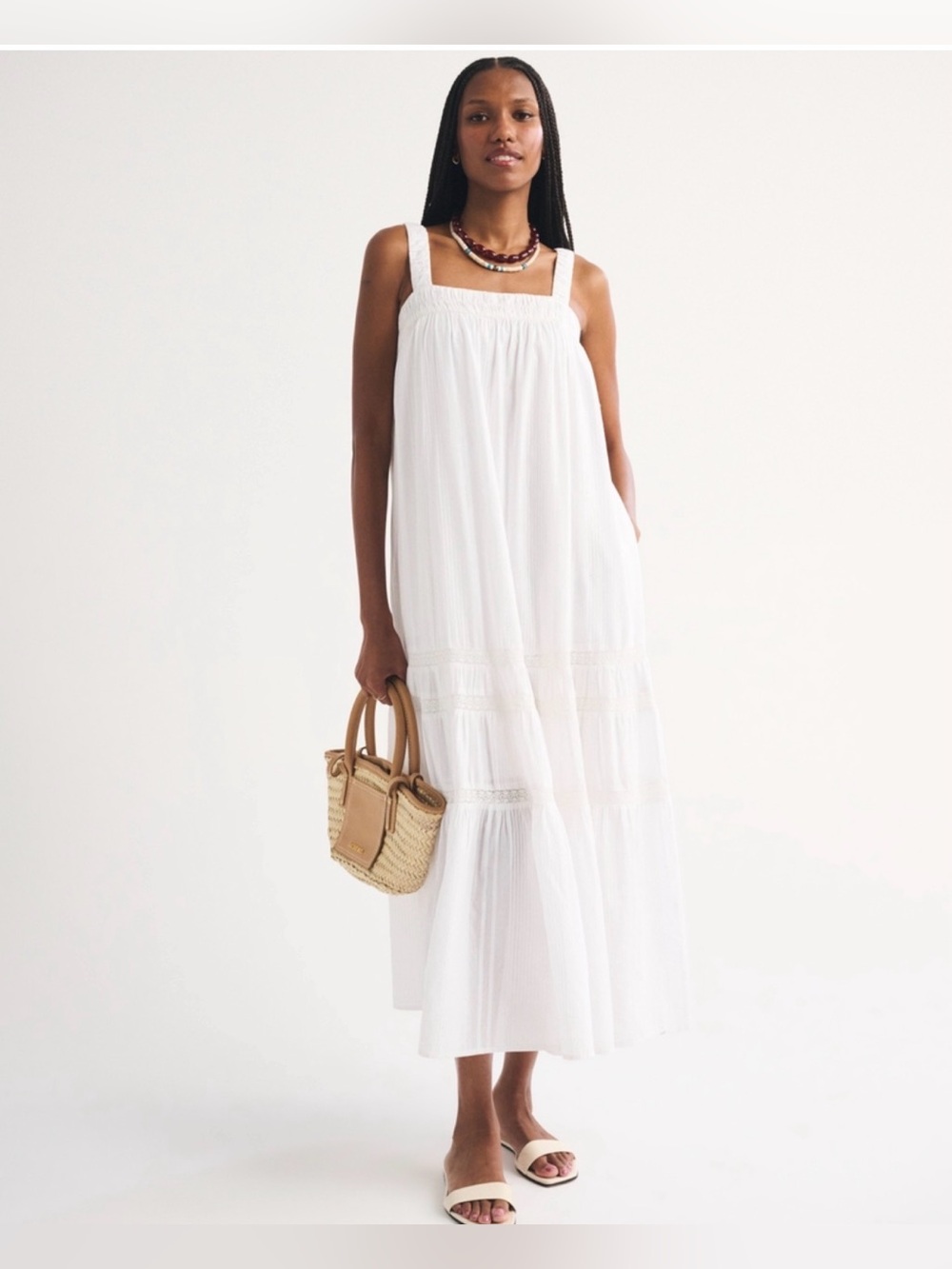 Abercrombie & Fitch 100% Cotton Tiered Flowy Maxi Dress white small NWT